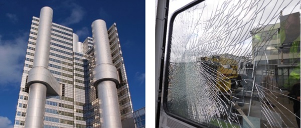 Figure 1: HVB-Tower: view of building and result of pendulum testing of facade element.